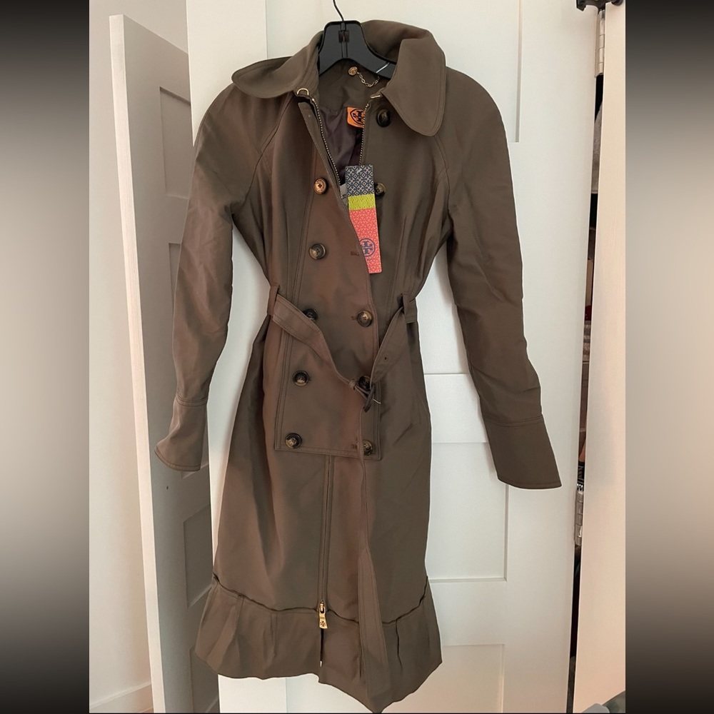 Olive/brownish Tory Burch Trench Coat, gold zipper & tortoise buttons